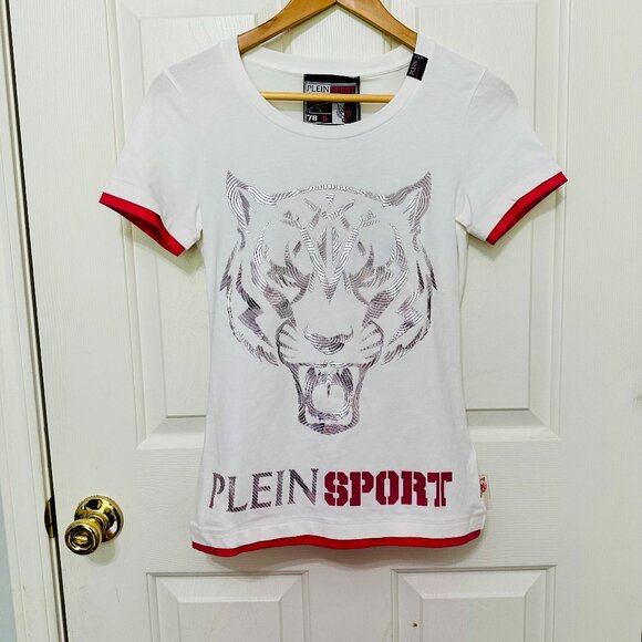 PLEIN SPORT BIG TIGER TWO PRINT SCOOP NECK SHORT SLEEVE T-SHIRT - Picture 1 of 9